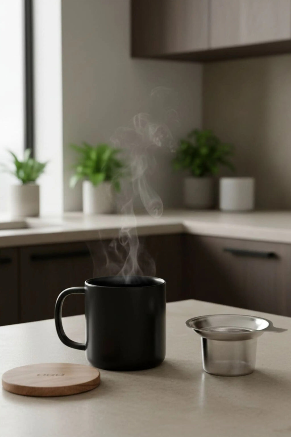 Juliet Black 300 ml tea mug with acacia lid on a table with loose-leaf tea
