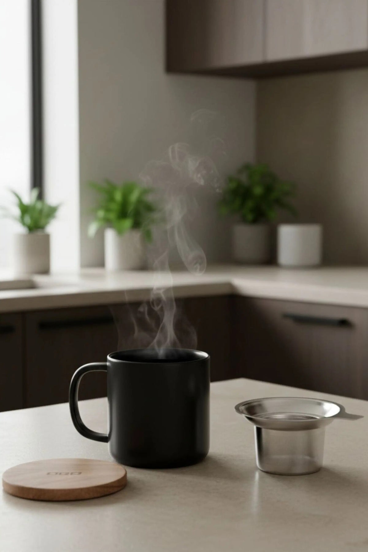 Juliet Black 300 ml tea mug with acacia lid on a table with loose-leaf tea