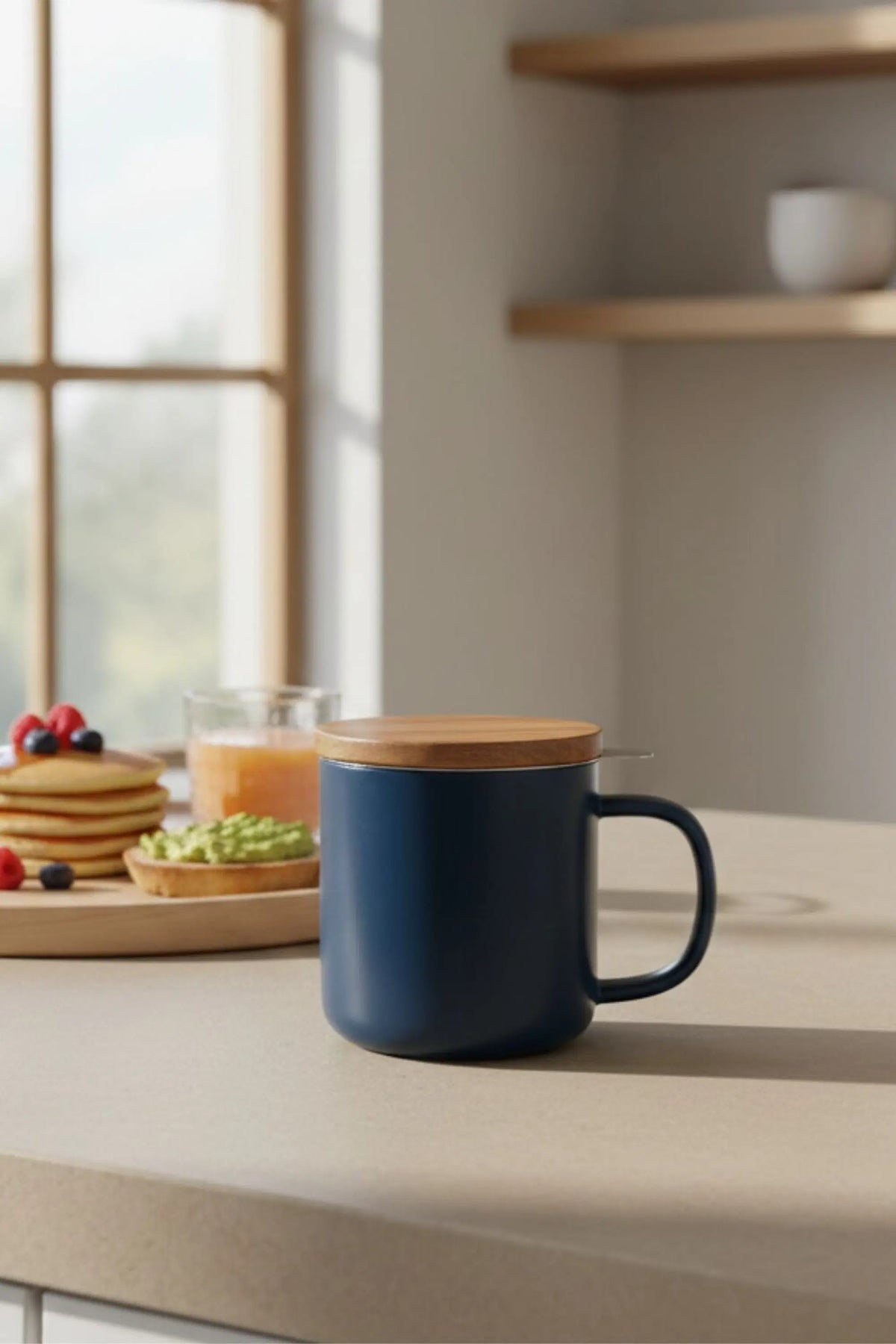 Juliet Blue 300 ml tea mug with acacia lid on a table with loose-leaf tea