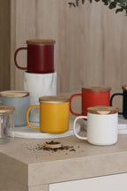 Juliet 300 ml tea mugs in several colours with acacia lids and stainless steel infusers