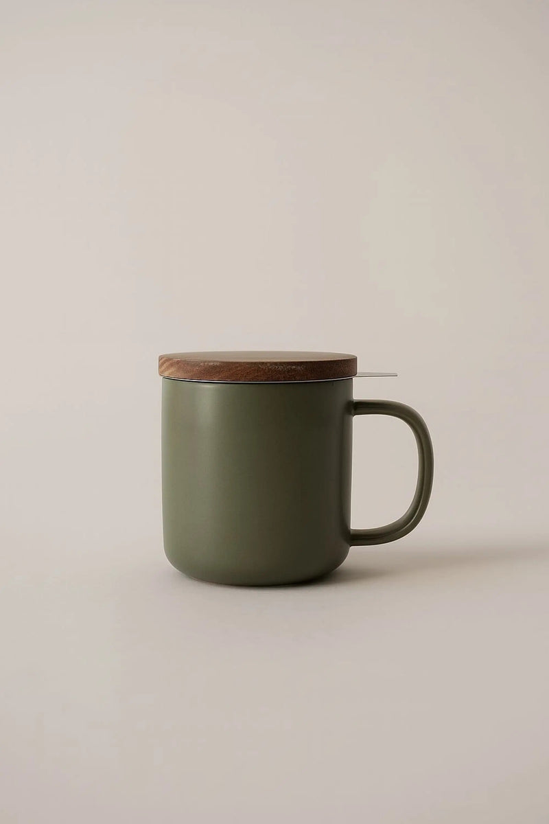 Juliet Khaki Steinzeug-Teebecher mit Edelstahl-Infuser & Akazienholz-Deckel – 300 ml & 475 ml