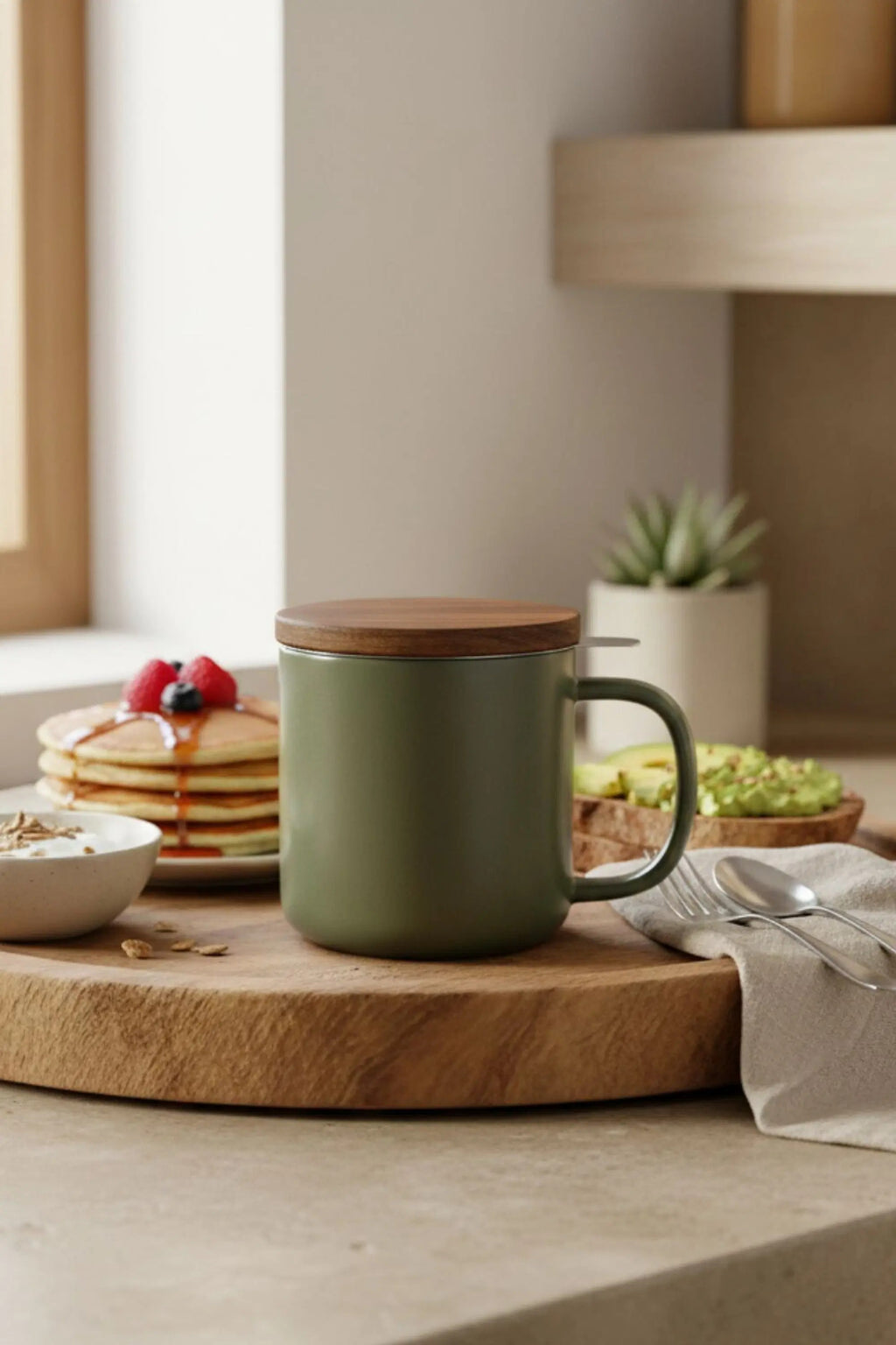 Juliet Khaki 300 ml tea mug with acacia lid on a table with loose-leaf tea