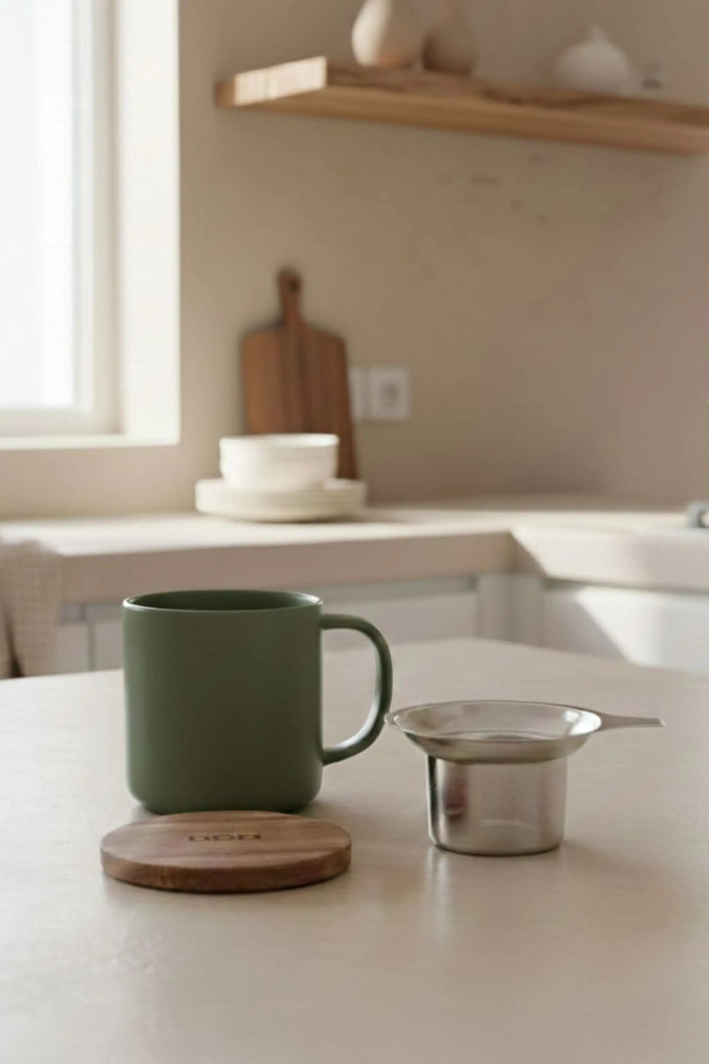 Juliet Khaki 300 ml tea mug with acacia lid on a table with loose-leaf tea