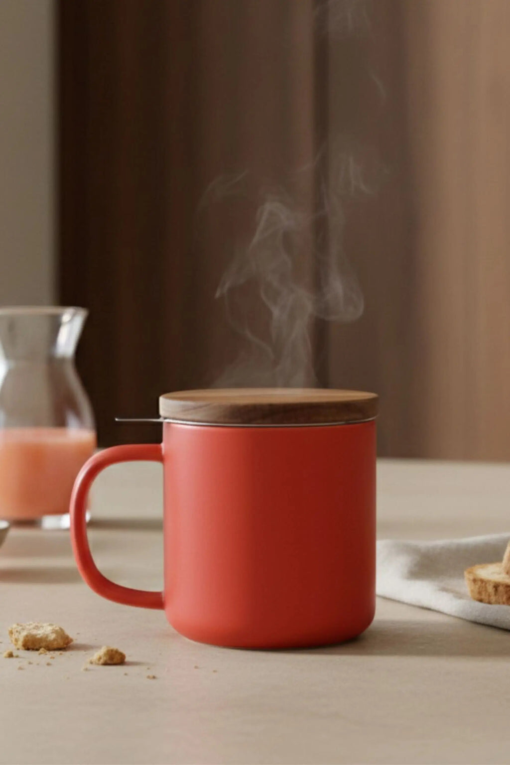 Juliet Paprika 300 ml tea mug with acacia lid on a table with loose-leaf tea