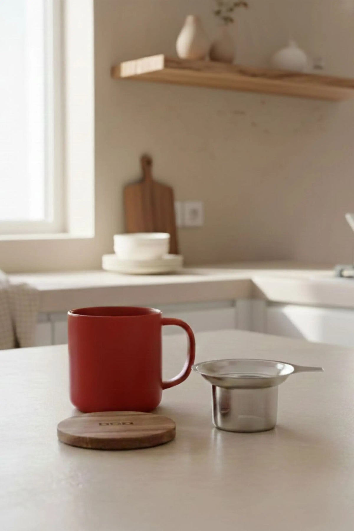 Juliet Paprika 300 ml tea mug with acacia lid on a table with loose-leaf tea