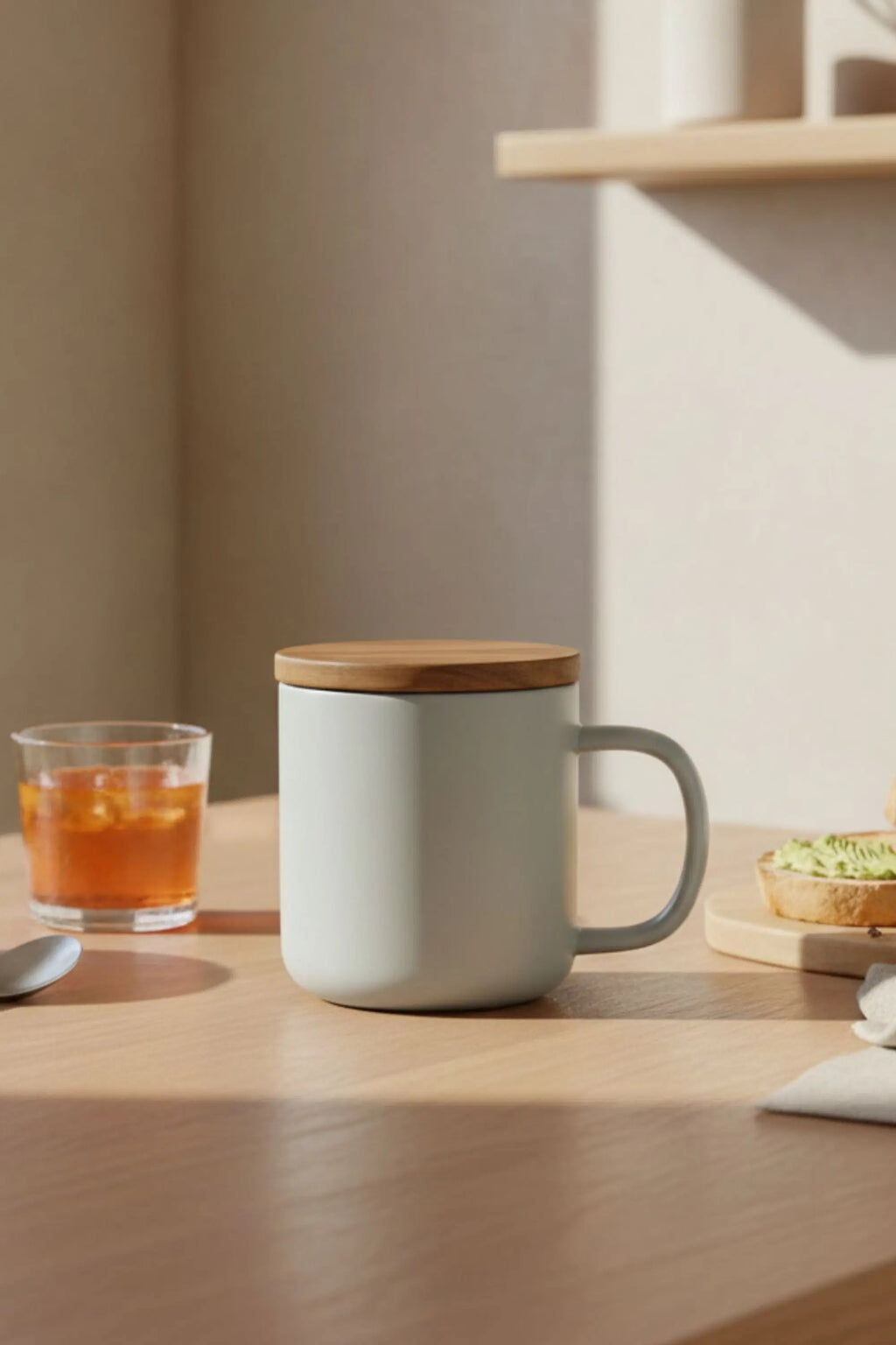 Juliet Perle 300 ml tea mug with acacia lid on a table with loose-leaf tea