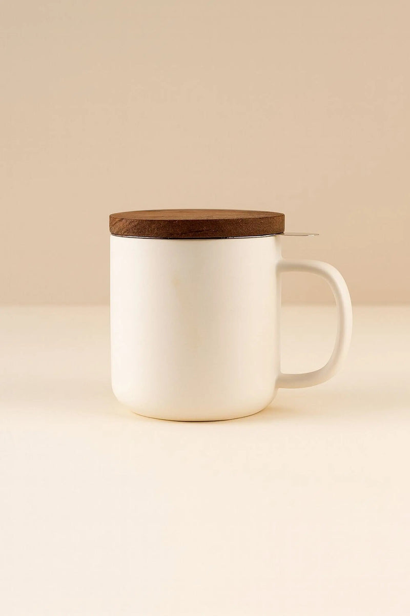 Juliet White Steinzeug-Teebecher mit Edelstahl-Infuser & Akazienholz-Deckel – 300 ml & 475 ml