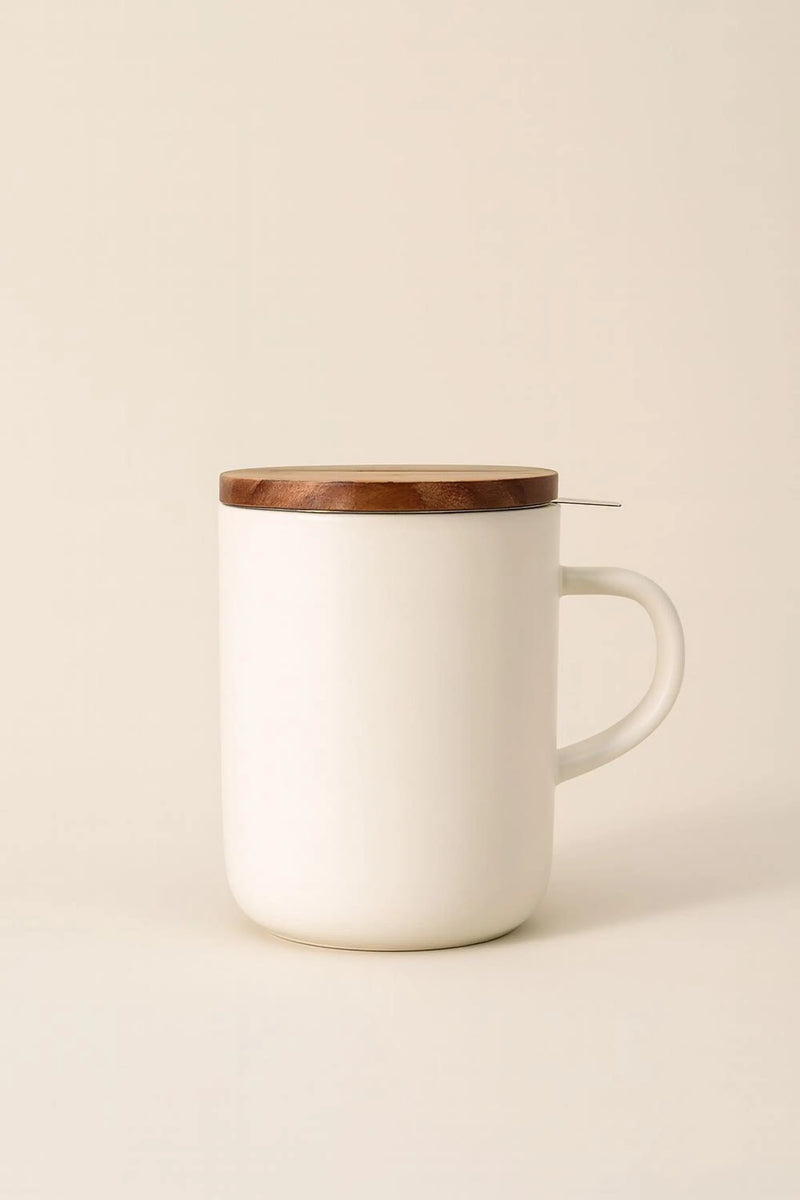 Juliet White Steinzeug-Teebecher mit Edelstahl-Infuser & Akazienholz-Deckel – 300 ml & 475 ml