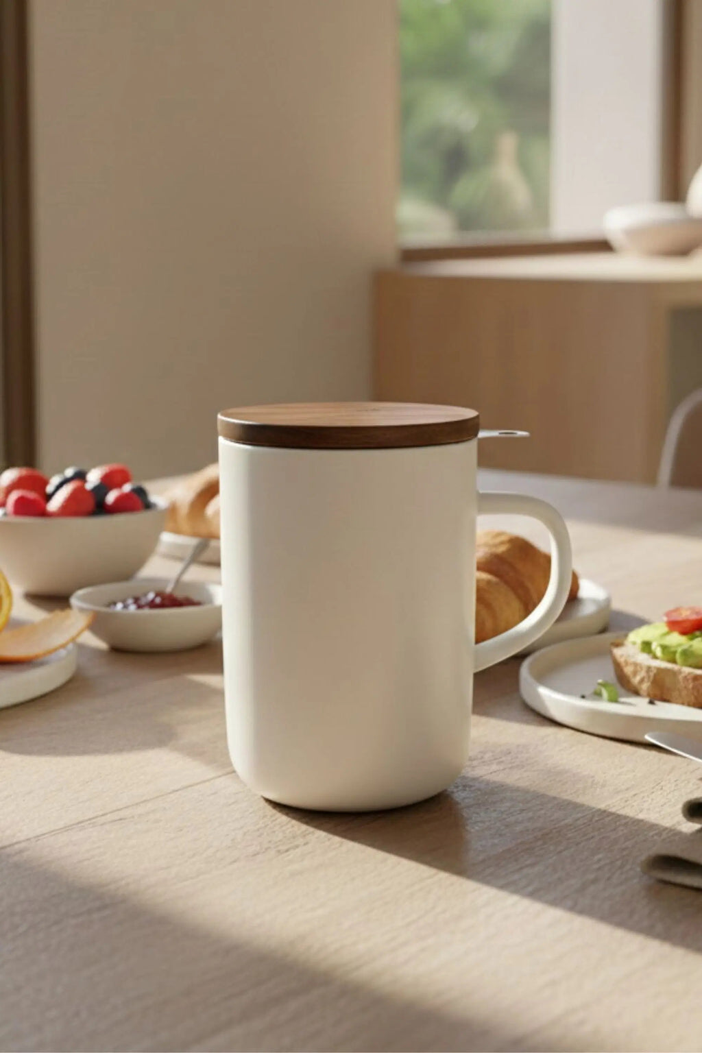 Juliet White 475 ml tea mug with acacia lid on a table with loose-leaf tea