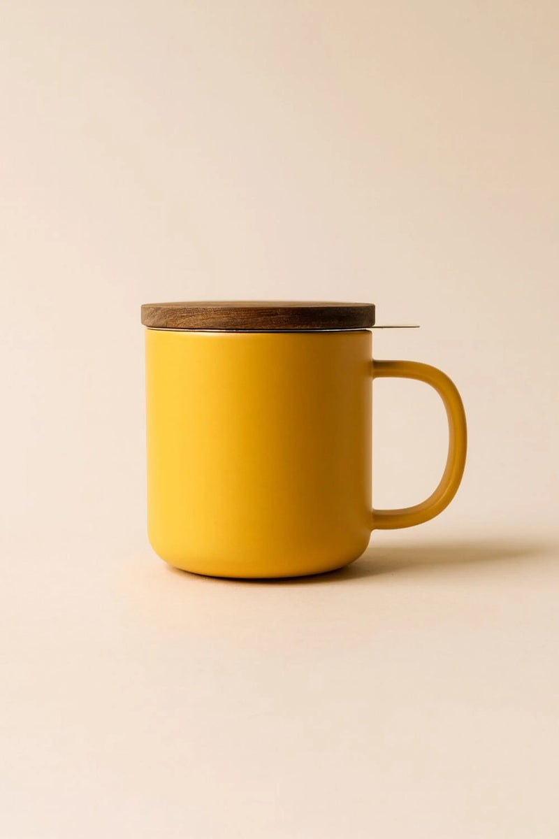 Juliet Yellow Steinzeug-Teebecher mit Edelstahl-Infuser & Akazienholz-Deckel – 300 ml & 475 ml