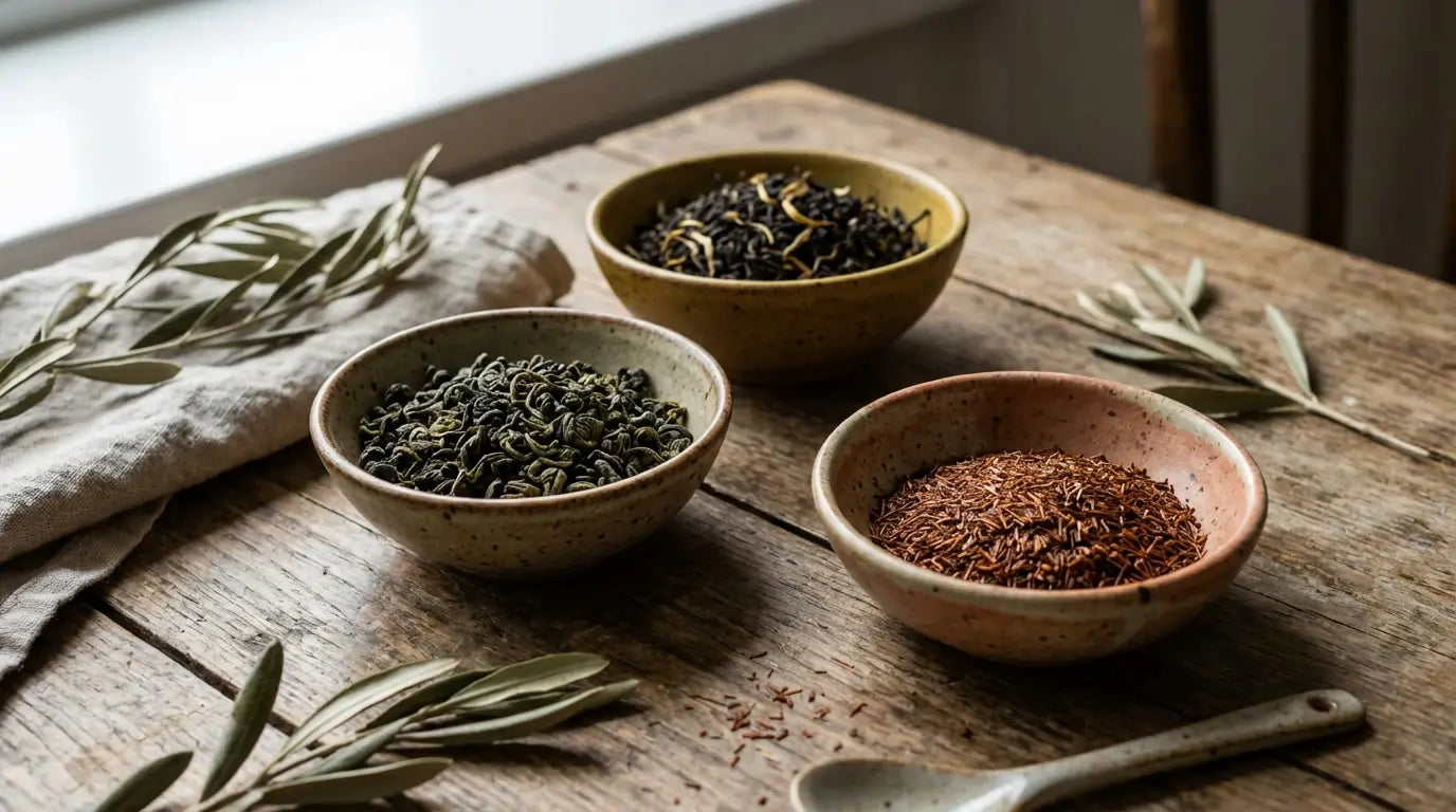Loose-leaf tea varieties including green tea, black tea and rooibos displayed in ceramic bowls on a wooden table.